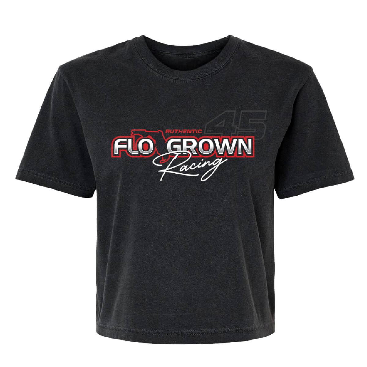 Front view with FloGrown logo across the chest with text 'AUTHENTIC 45 RACING'.