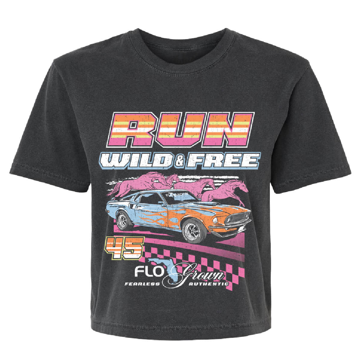 Charcoal gray womens tee with a vintage racing graphic of a car with horses running behind it and the text 'RUN WILD & FREE'.