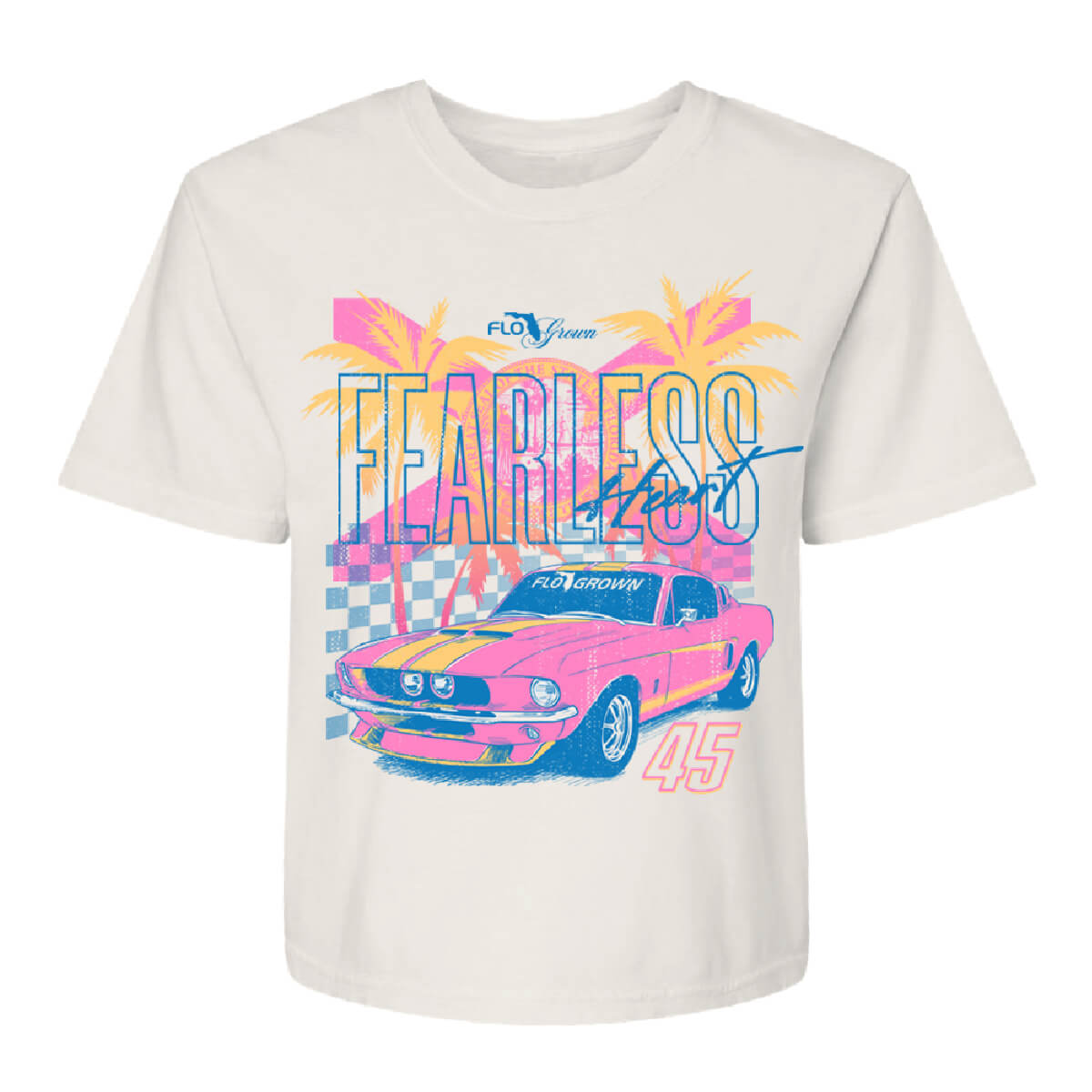 White womens tee with a vintage graphic of a car and checkered flag with a Florida flag and palm trees and the text 'FEARLESS HEART'.