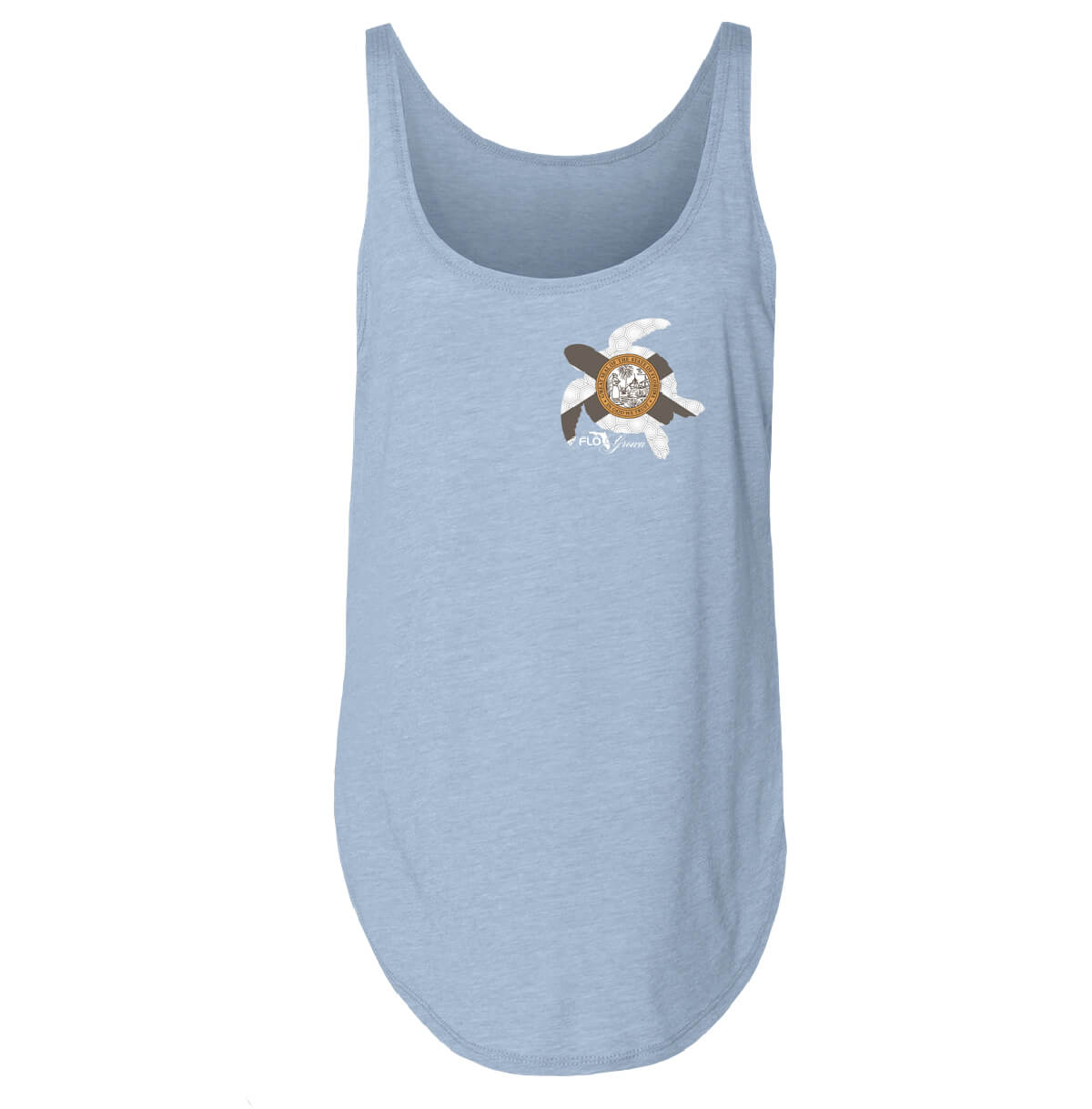 A light blue women's tank top with a graphic of a turtle and the Florida flag on the front.