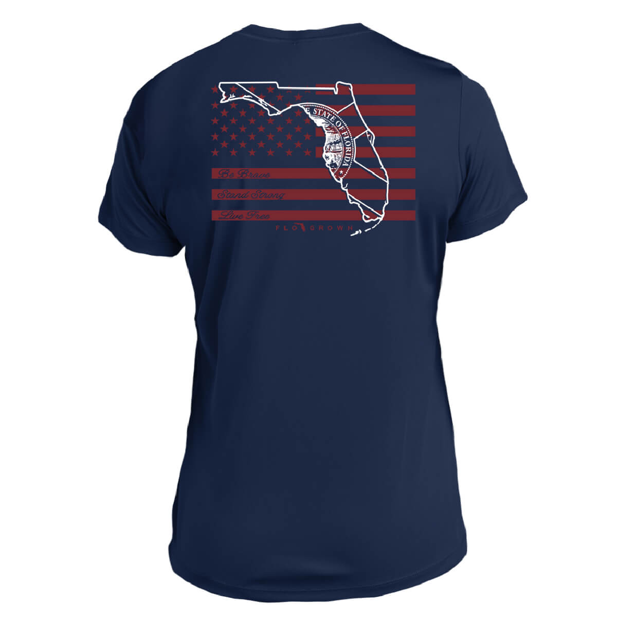 A navy-colored women's t-shirt with a graphic of the state of Florida and an American flag on it