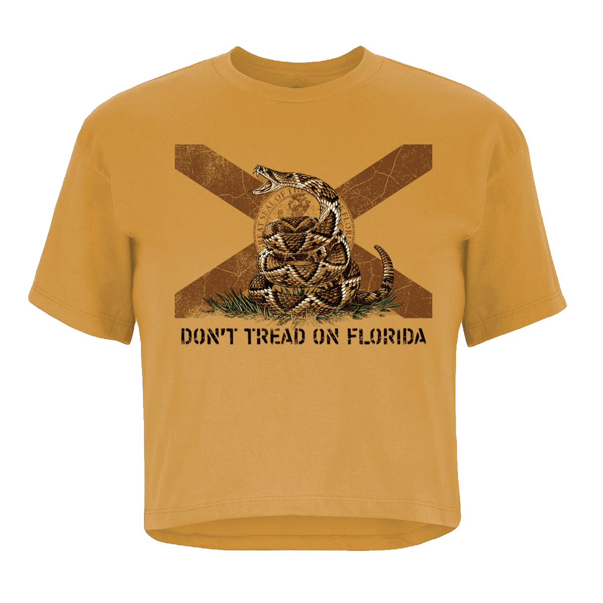 A mustard yellow short-sleeve t-shirt featuring a 'Don't Tread on Florida' graphic on the front.