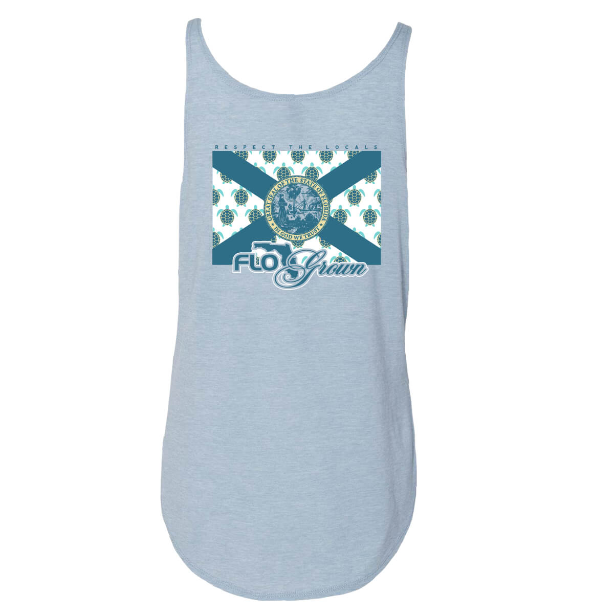 Back of a blue women's tank top with a graphic of turtles and the Florida flag