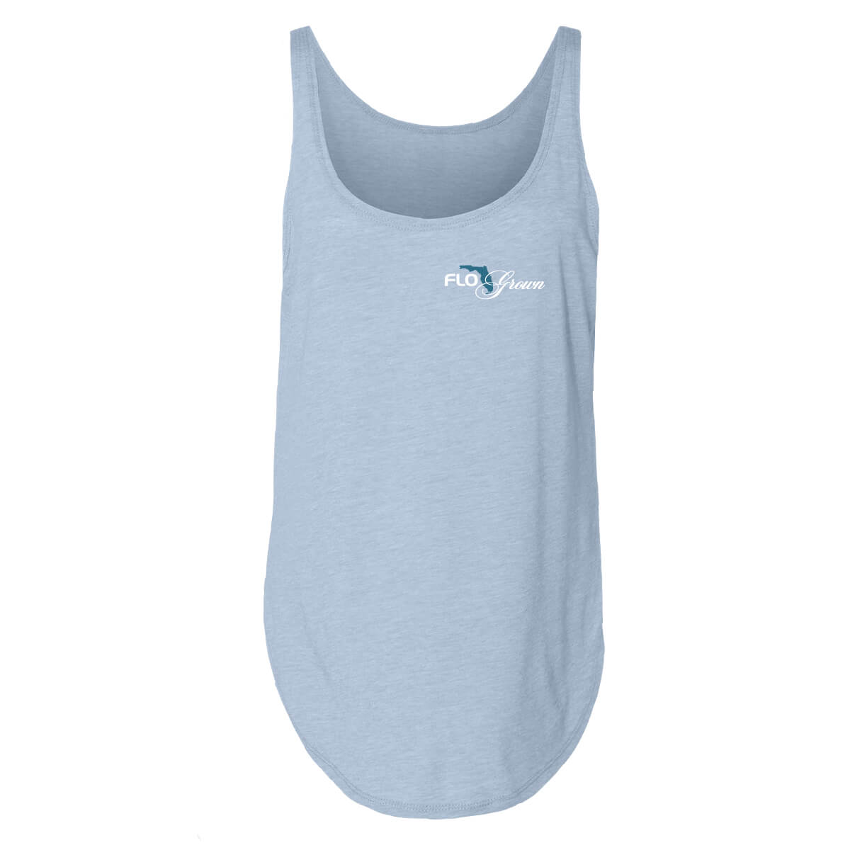 Front of a light blue women's tank top with the FloGrown logo on the left chest