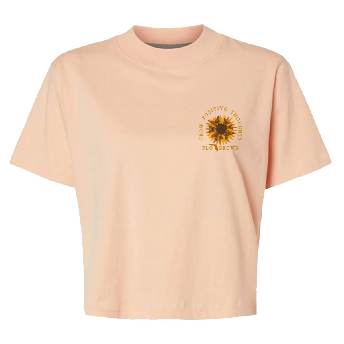 Front view with the sunflower made of butterflies graphic on the left chest with the FloGrown logo.
