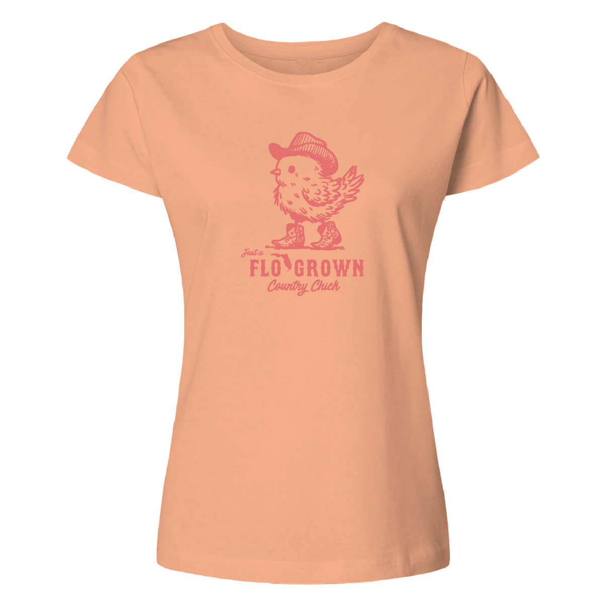 Peach-colored t-shirt with a graphic of a chick and text 'FLOGROWN COUNTRY CHICK'.