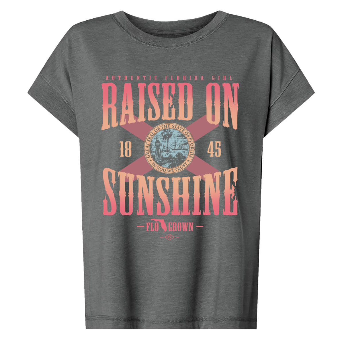 Dark gray womens tee with a Florida flag in the center and text 'RAISED ON SUNSHINE'.