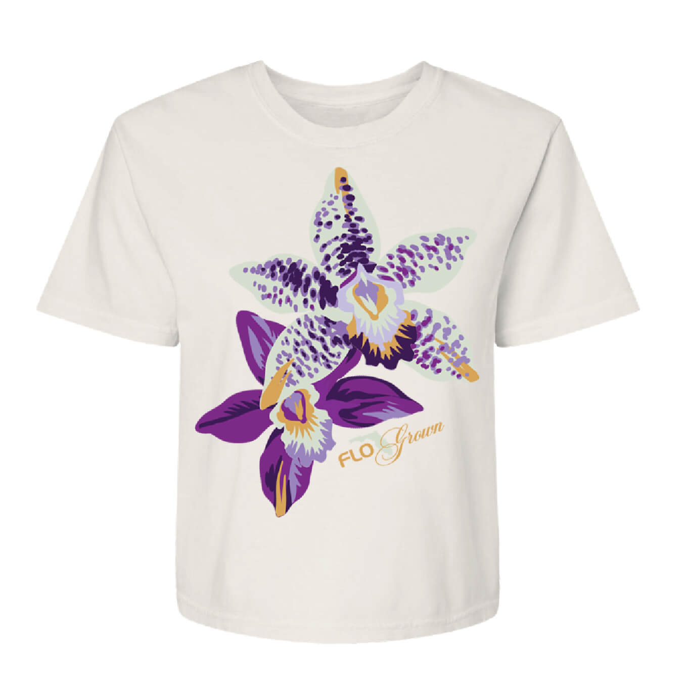 White t-shirt with purple floral design and 'Flo Green' logo on the front.