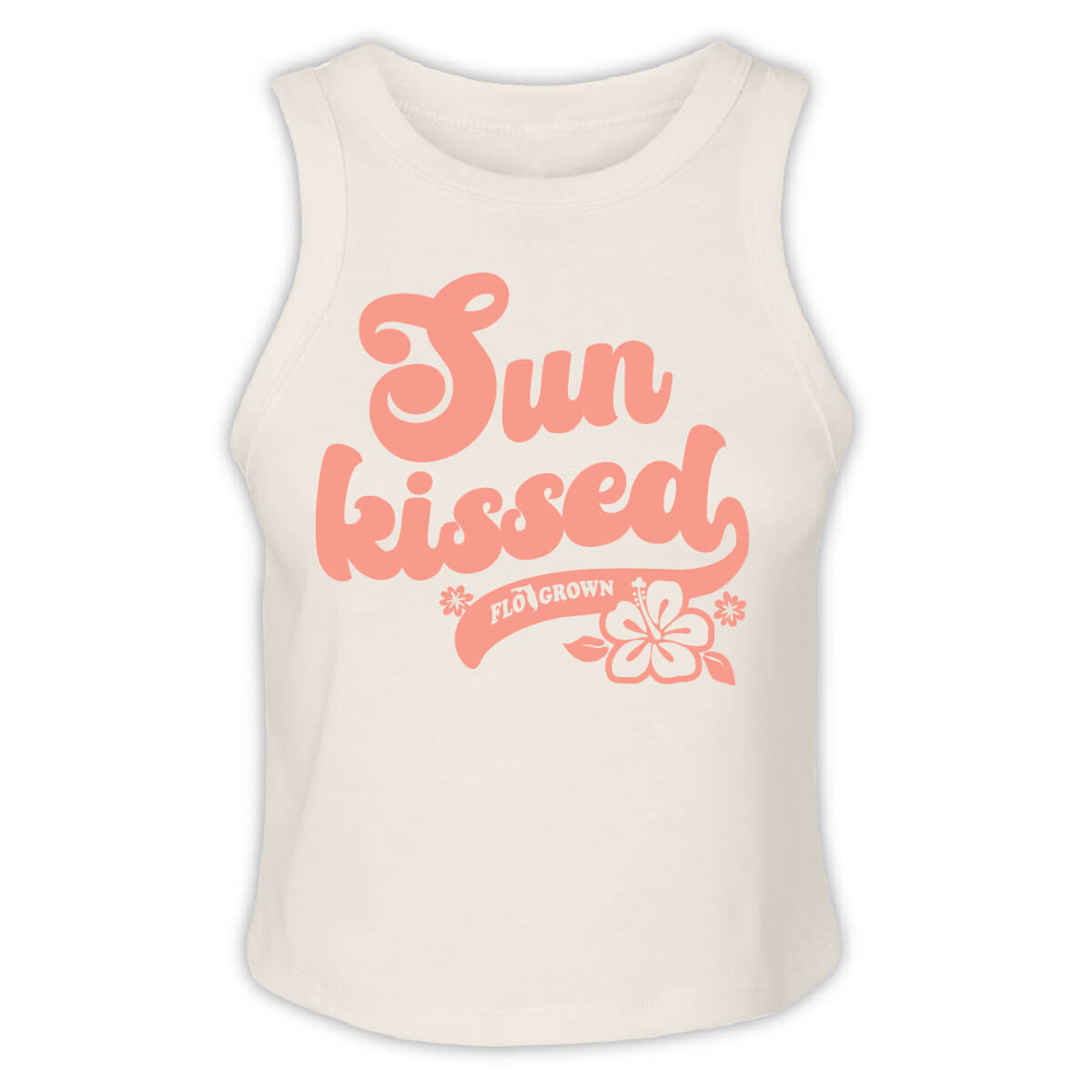 Beige tank top with 'Sun kissed' text and floral design in a retro style.