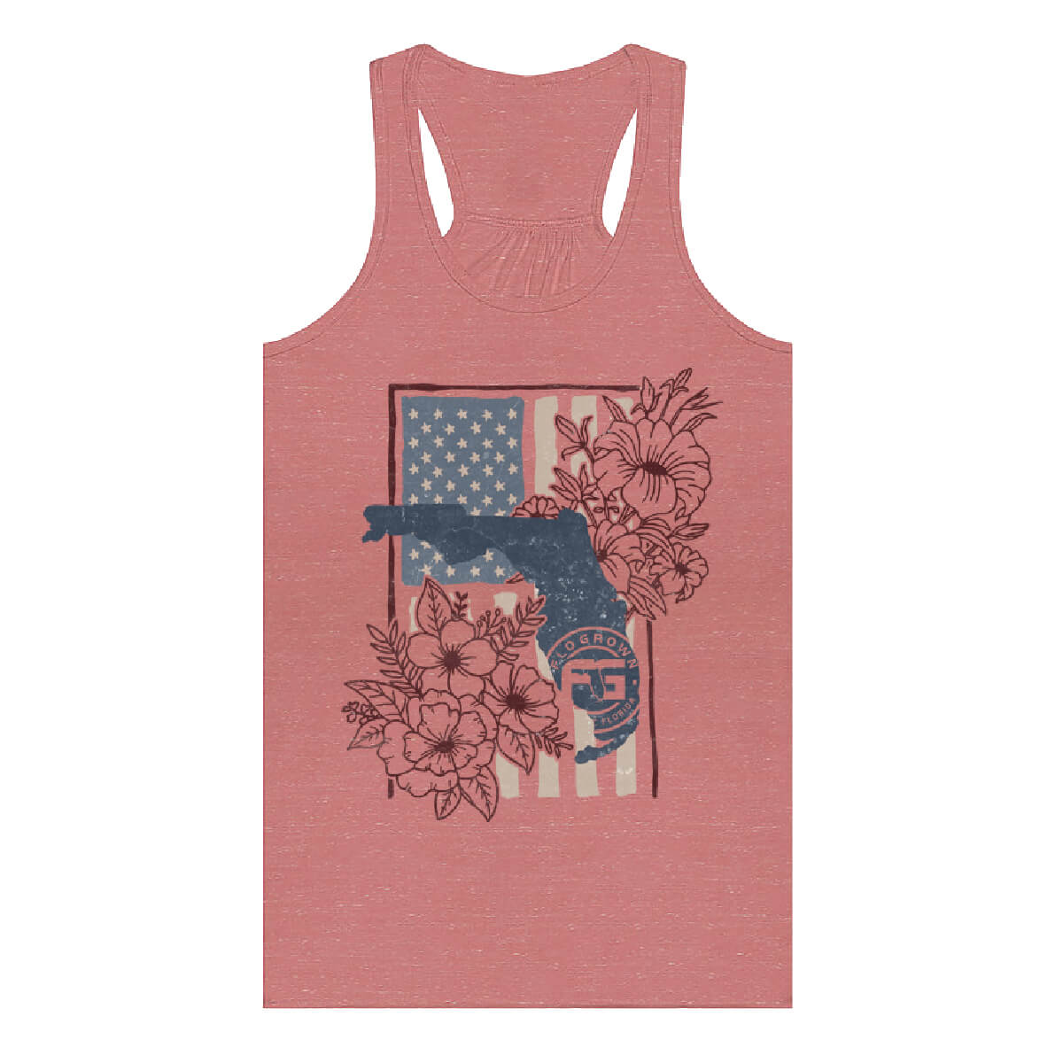 Pink womens tank with a graphic of flowers, the state of Florida and the American flag on the front.
