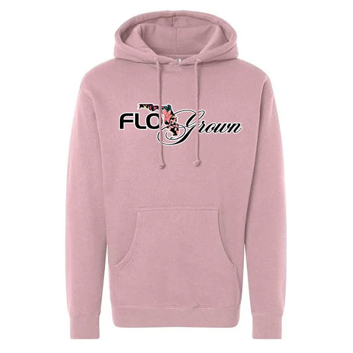 Pink hoodie with the FloGrown logo on the chest with a floral decoration within the state of Florida.