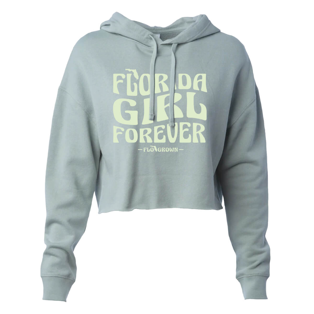 Green cropped hoodie with text 'FLORIDA GIRL FOREVER' in a retro print on the front.