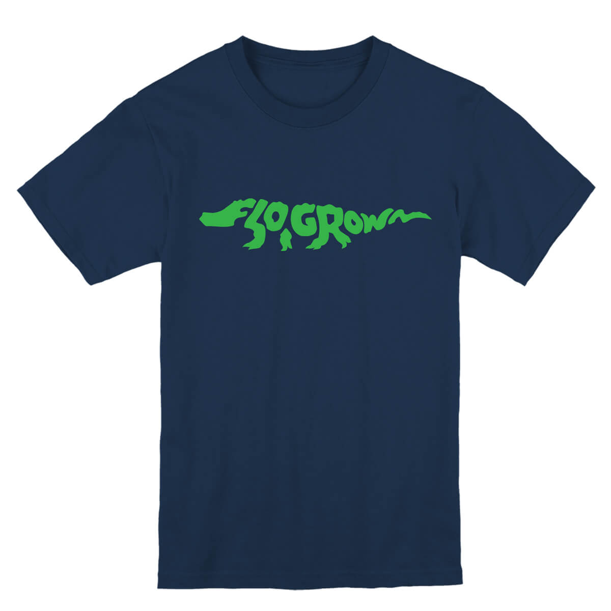 Navy blue youth tee with the words 'FLOGROWN' in the shape of an alligator.