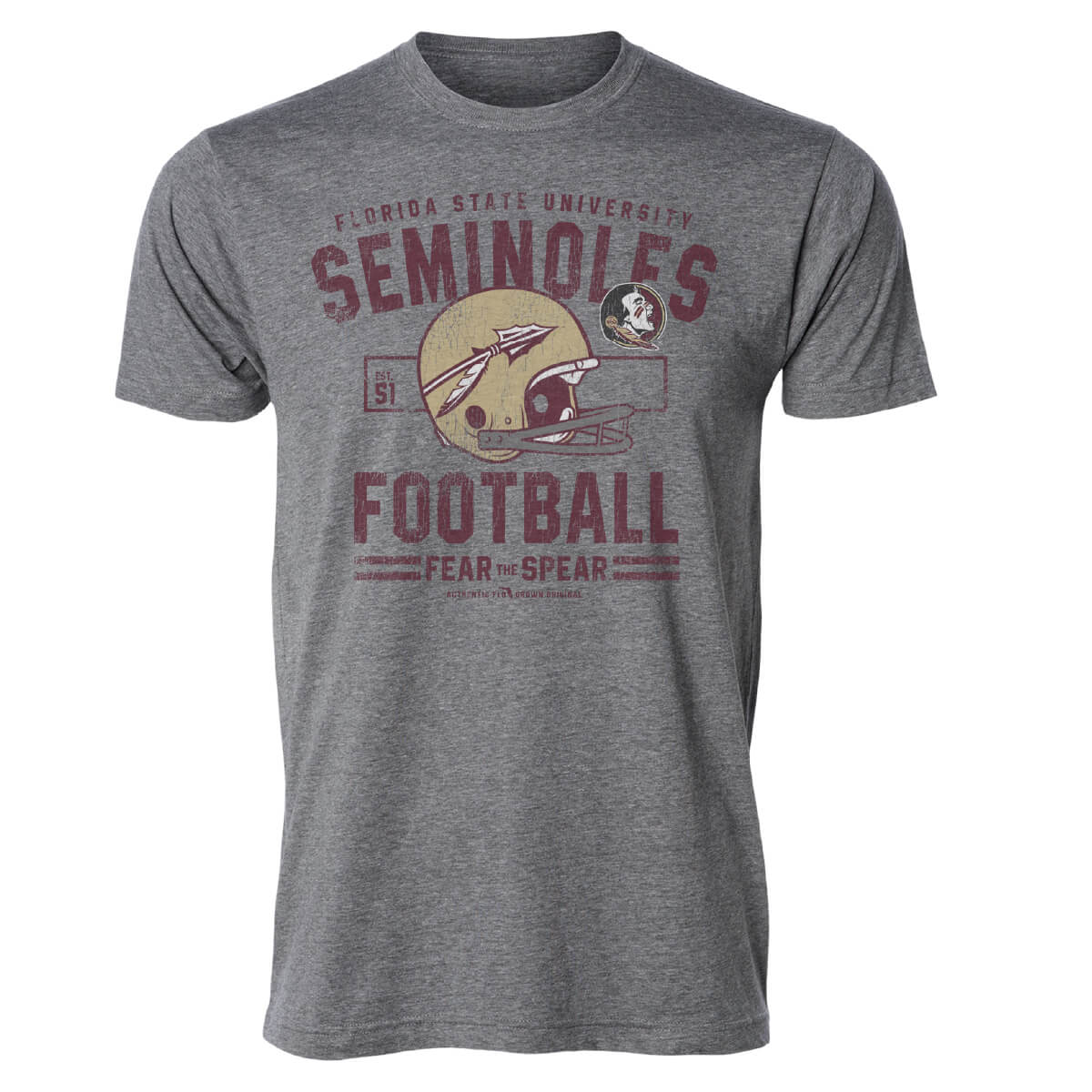 Heather gray tee with a retro design of a football helmet with text 'FLORIDA STATE UNIVERSITY SEMINOLES FOOTBALL'.