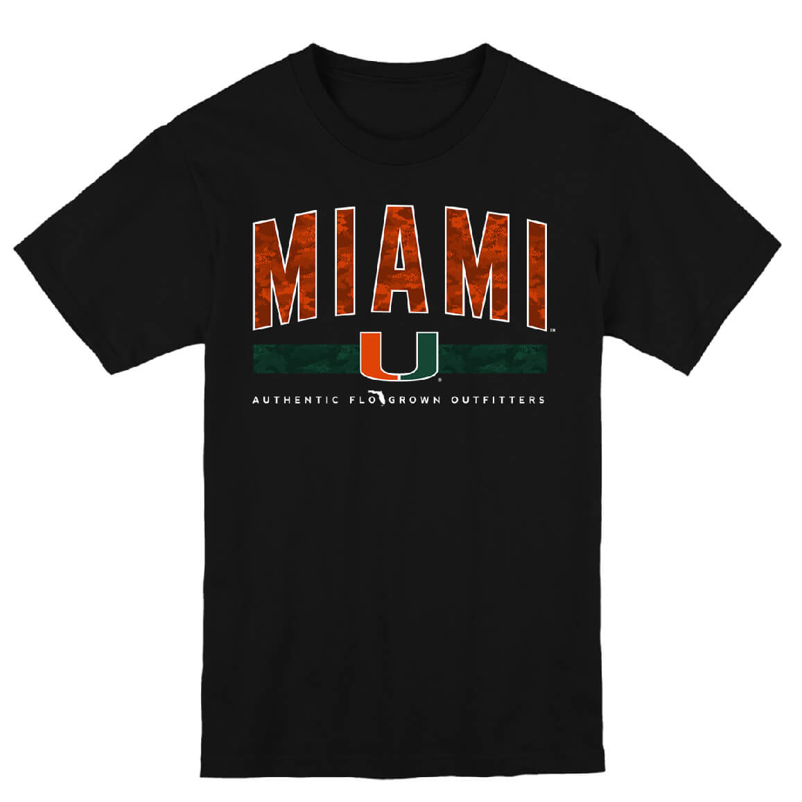 Youth-sized black t-shirt with 'MIAMI' and UM logo printed in orange and white on the front.
