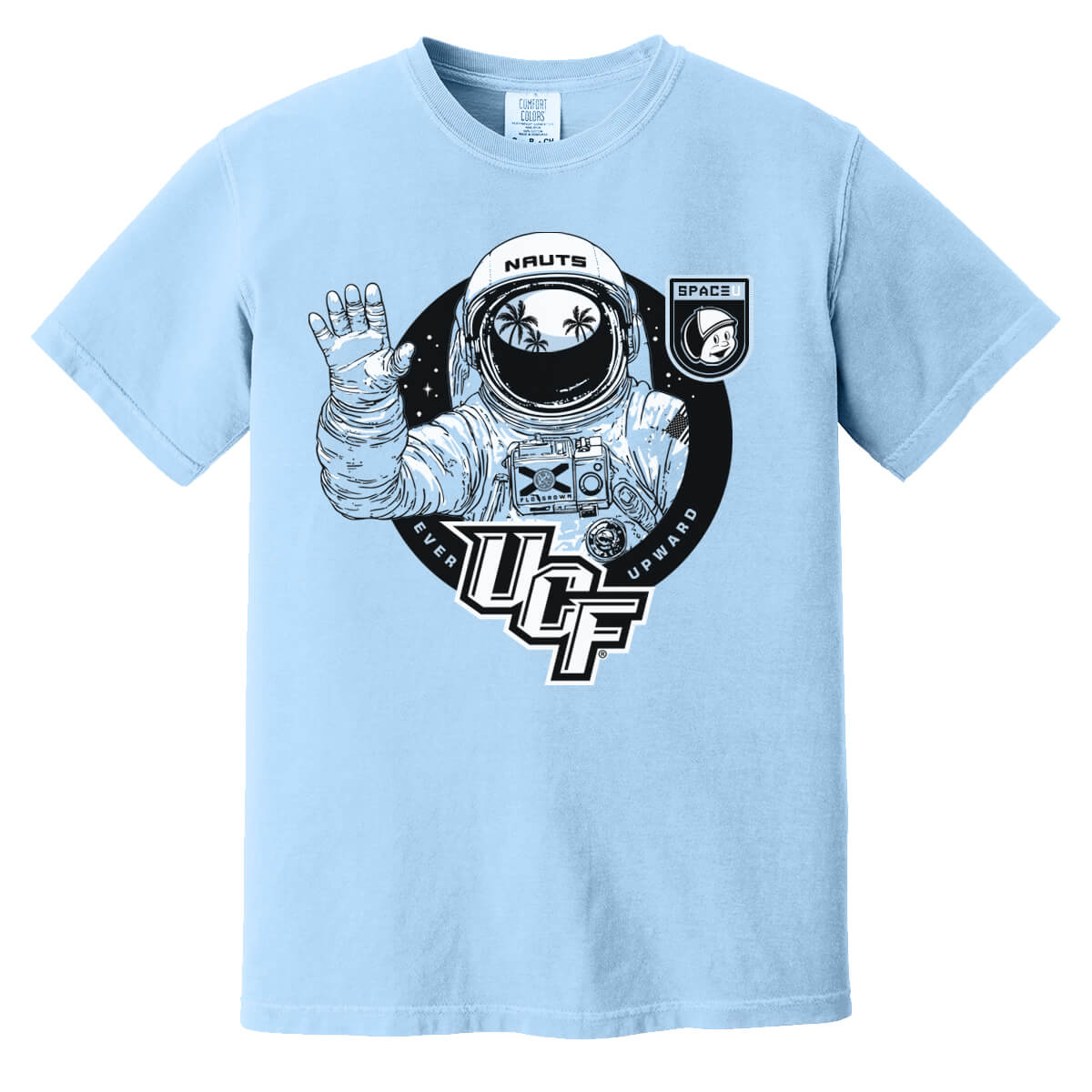 Blue tee with an image of an astronaut waving on the front with the UCF logo at the bottom.