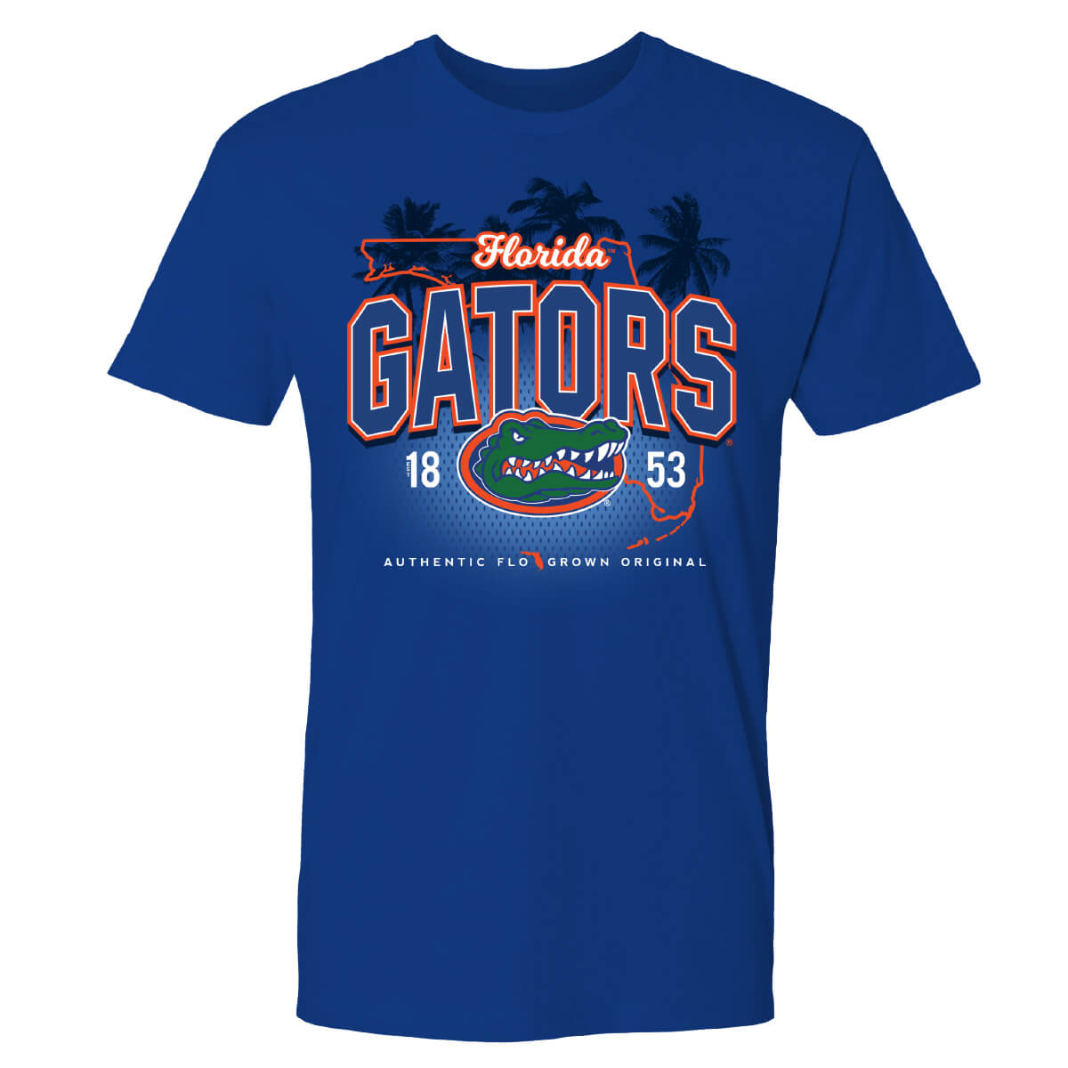 Blue shirt with a graphic of Florida and the text 'FLORIDA GATORS' with the UF logo on the front.