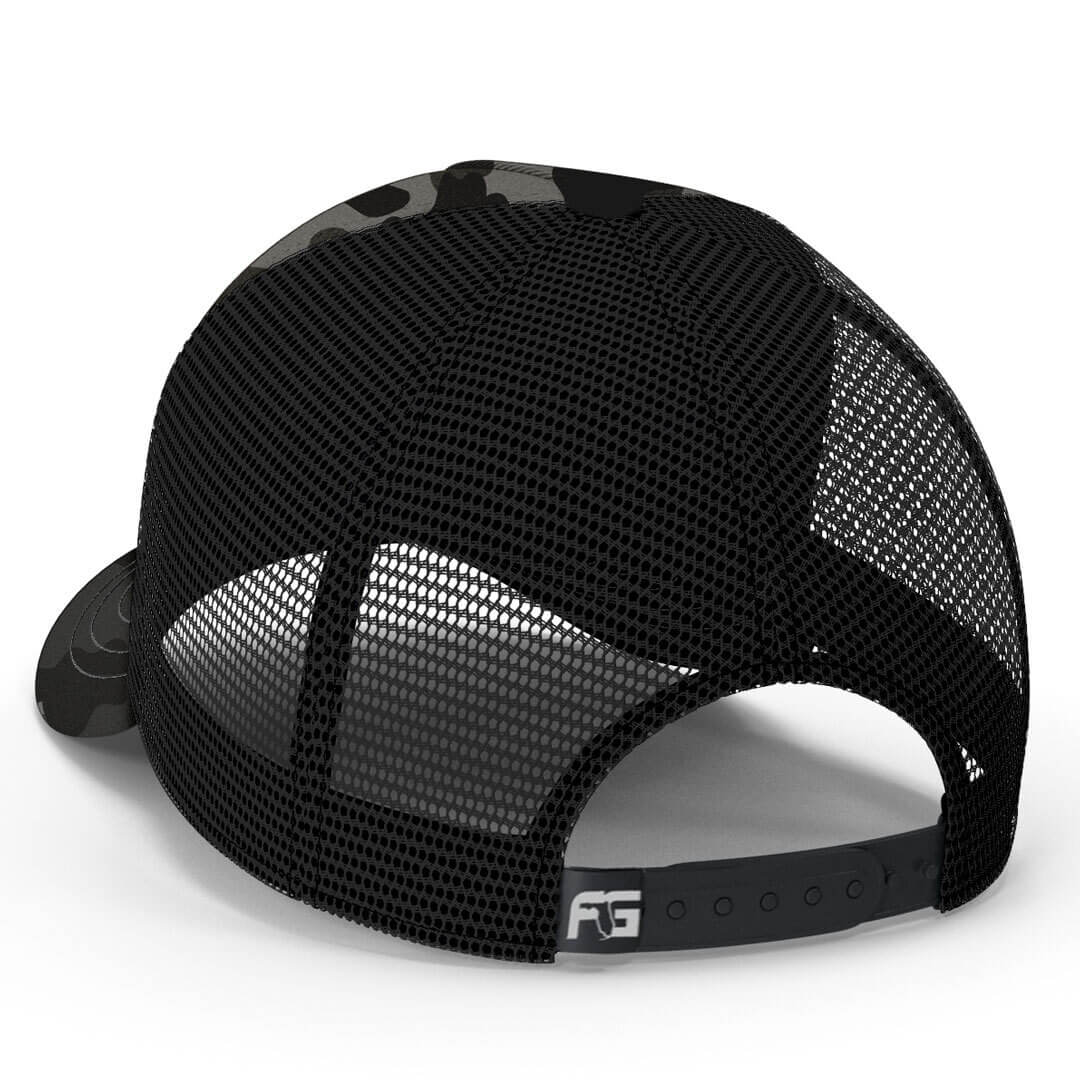 Back view showing black mesh backing and snapback.