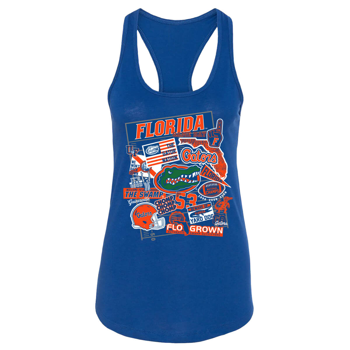 Blue tank top with a collage of Florida Gators themed stickers on the front.