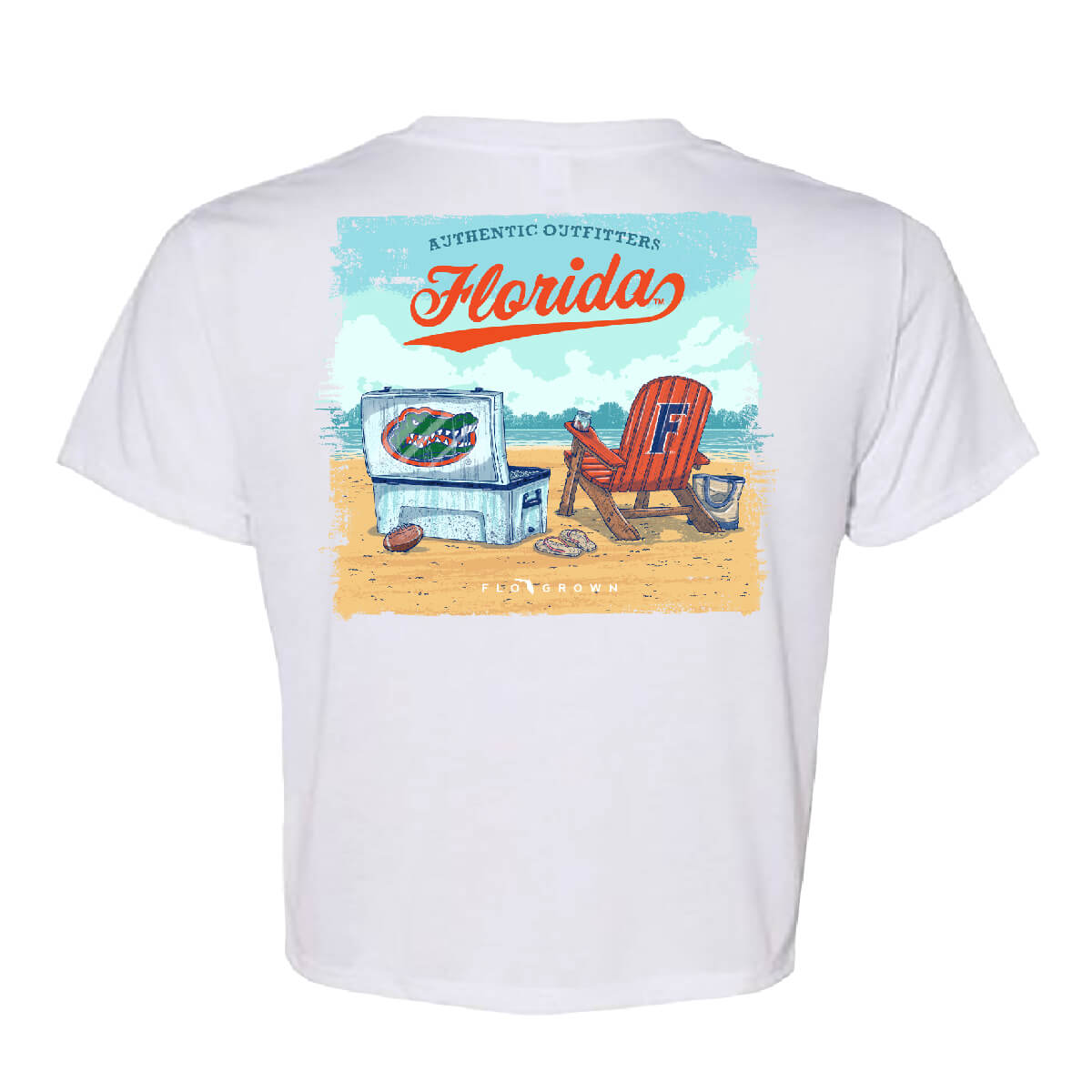 White crop top featuring a graphic of a cooler and chair on the beach with the Florida Gators logo and text 'Authentic Outfitters Florida'