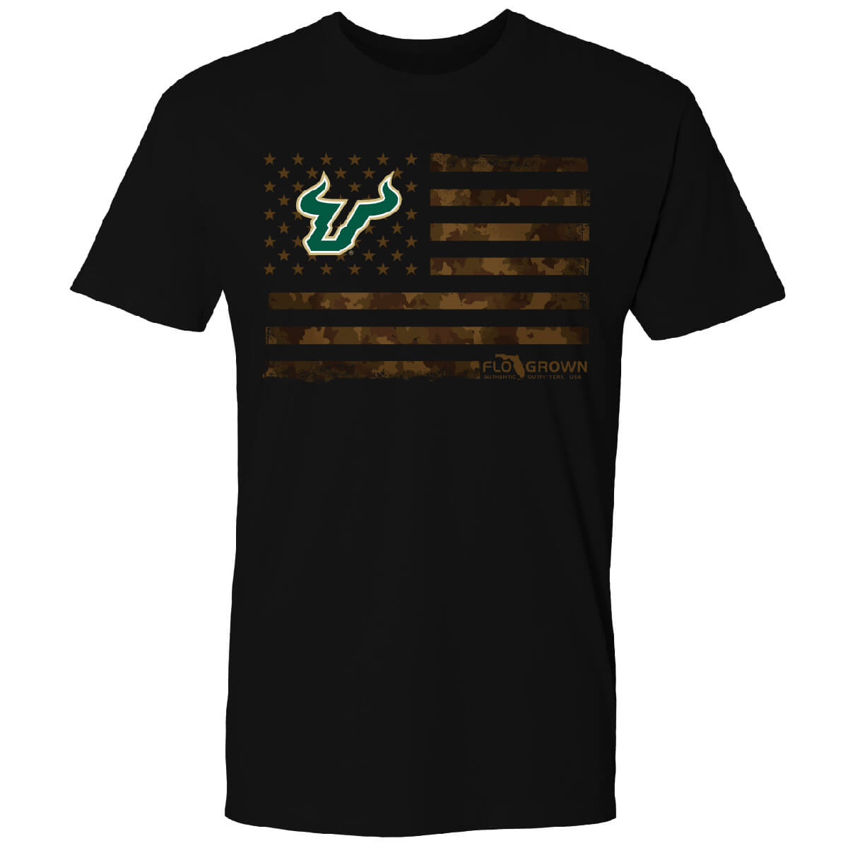 Black men's tee with a camouflage USA flag and the USF logo.
