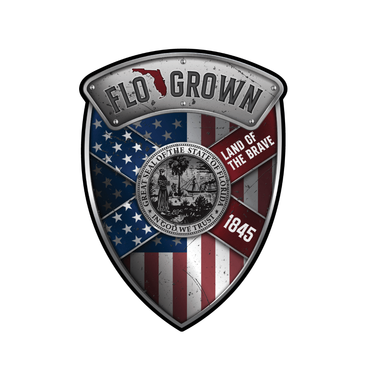 Shield-shaped decal with American flag design and 'Flo Grown' text on the top.