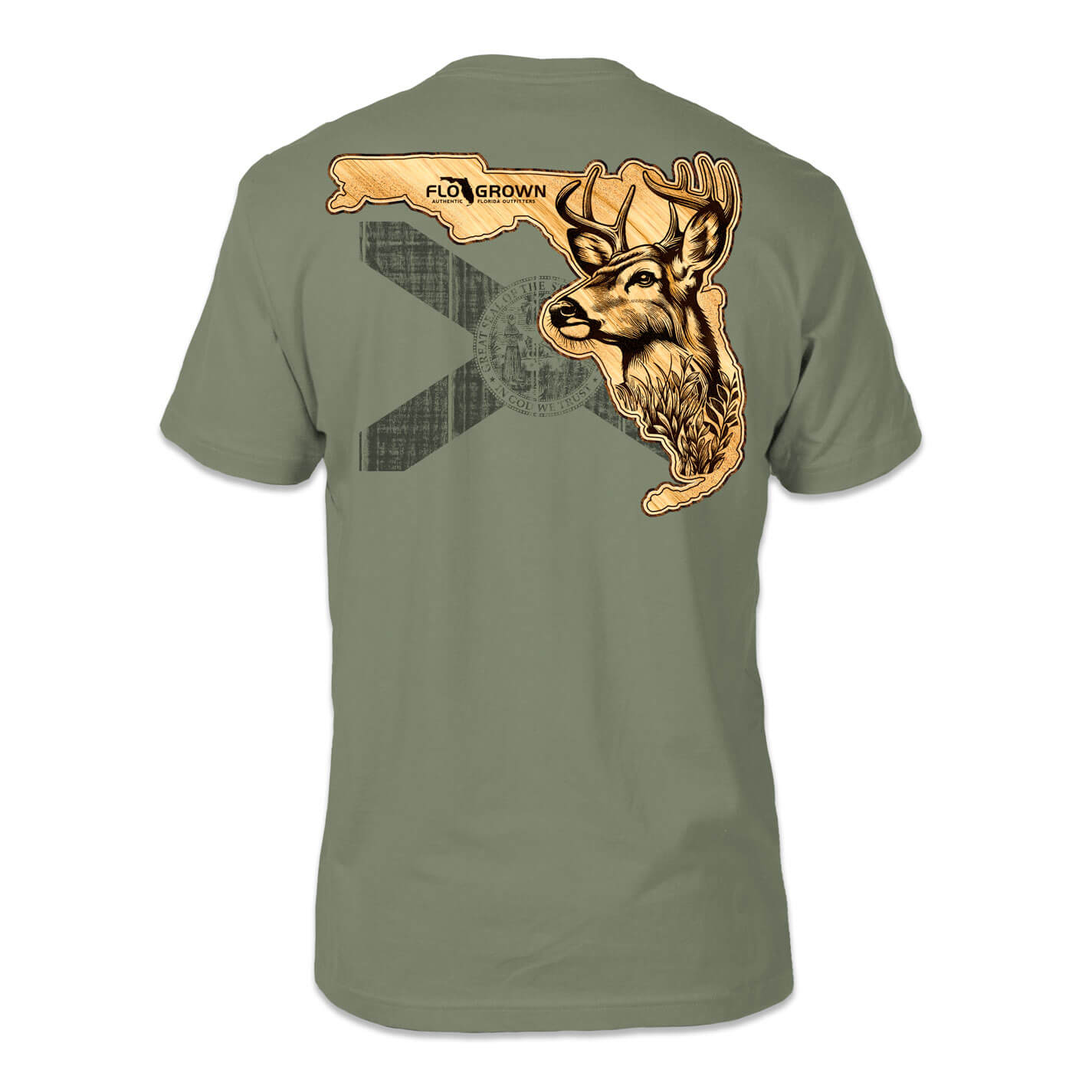 Green t-shirt with a deer head and state outline design over a faded Florida flag