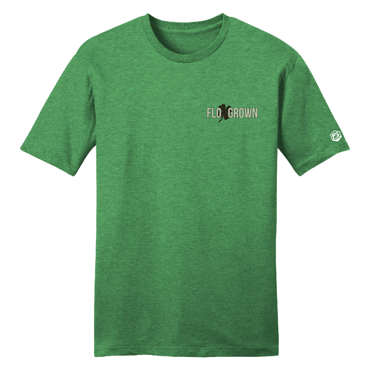 Front view with the FloGrown logo and a clover on the left chest.