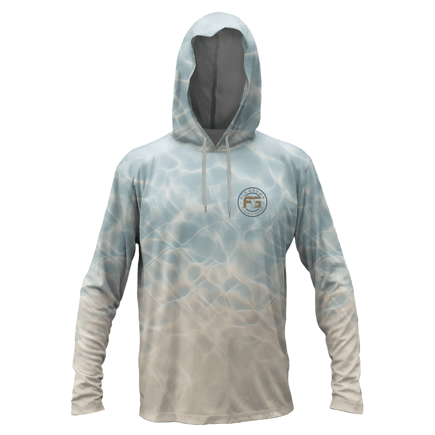 A long-sleeve hooded shirt with a light blue and beige water ripple pattern, featuring a circular logo on the left chest, shown on a plain white background.