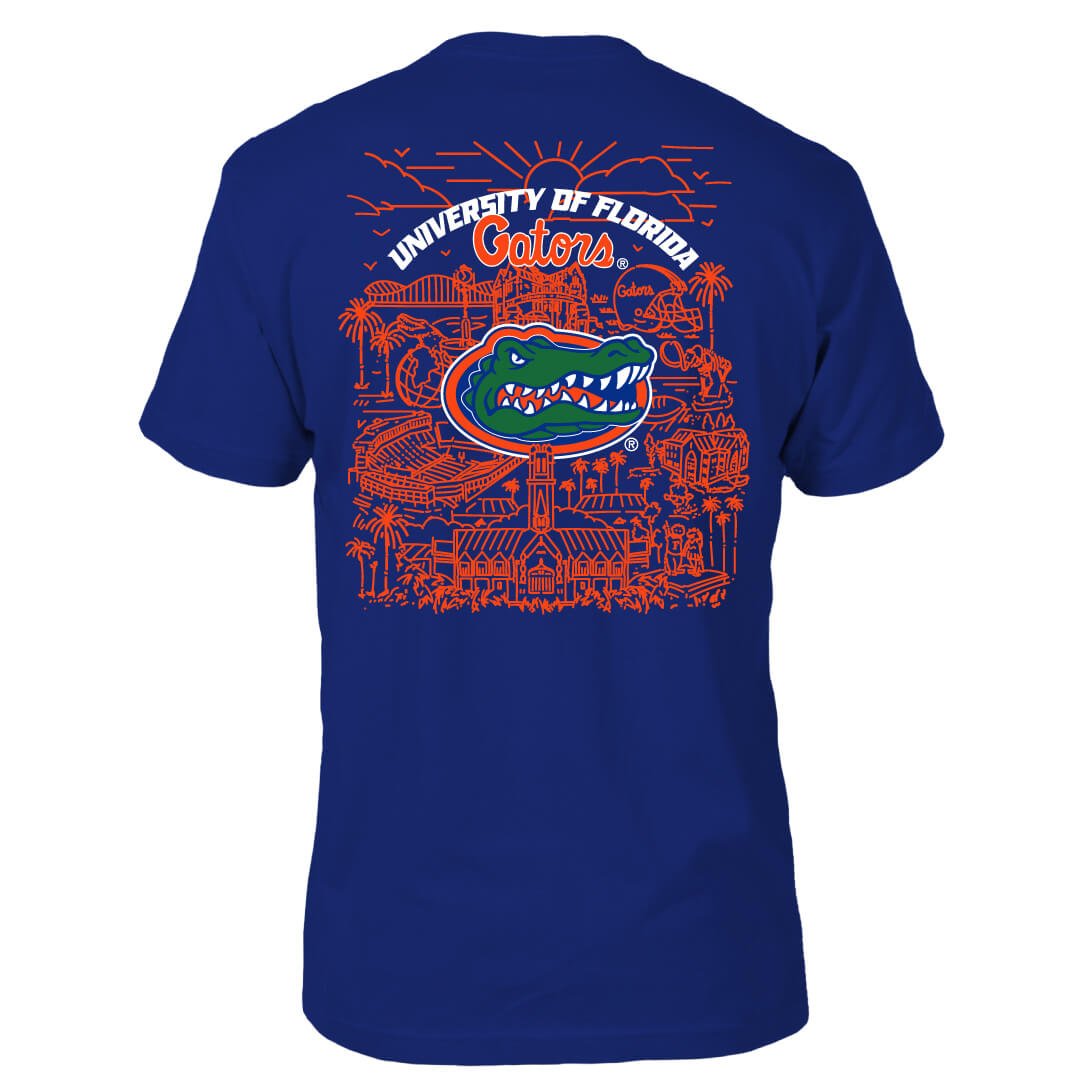 A blue t-shirt with the Florida Gators logo and text 'UNIVERSITY OF FLORIDA GATORS' with a drawing of the campus in orange