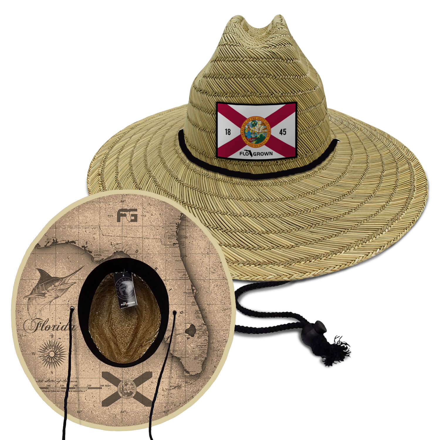 FloGrown Mens Florida Logo Seal Map Print Straw Hat - Beige/Natural - One Size