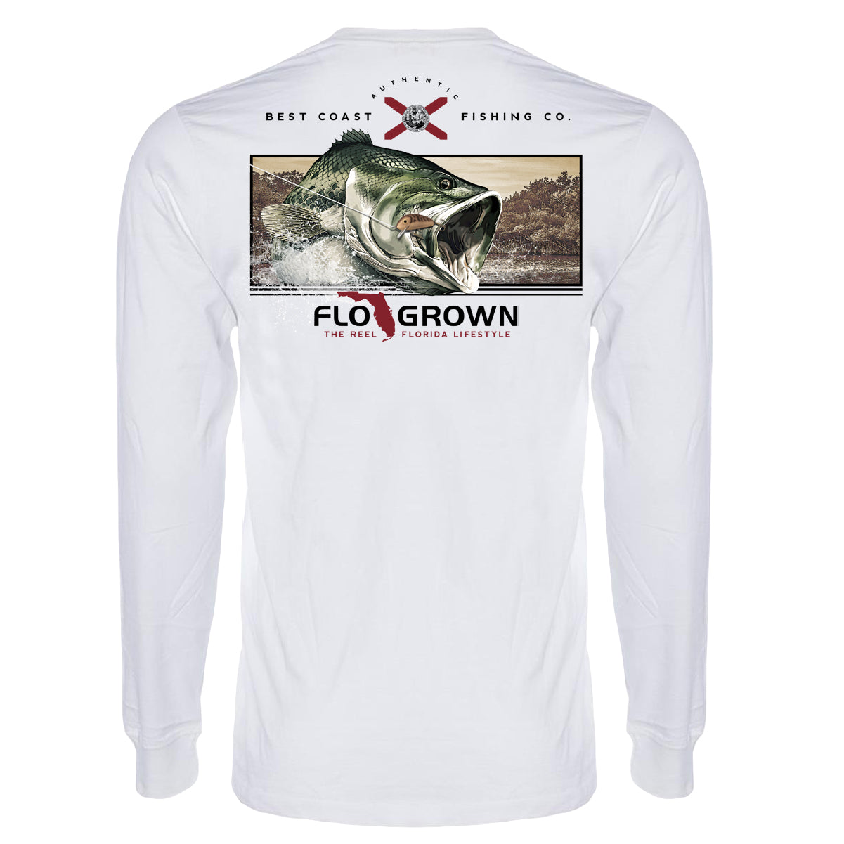 FloGrown Mens Bass Lake Long Sleeve Graphic T-Shirt - White - XX-Large