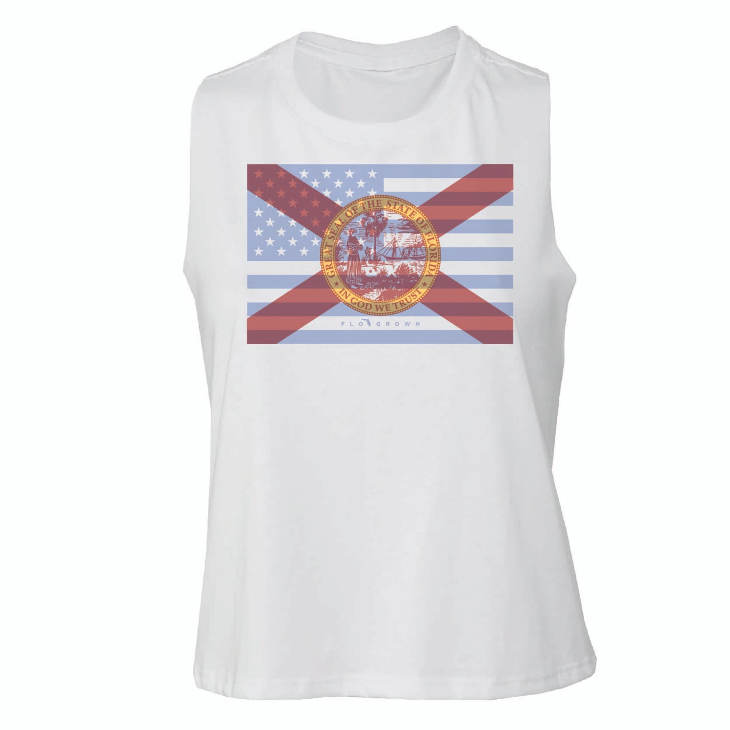 A white cropped tank top with a graphic print of the American flag and Florida flag.