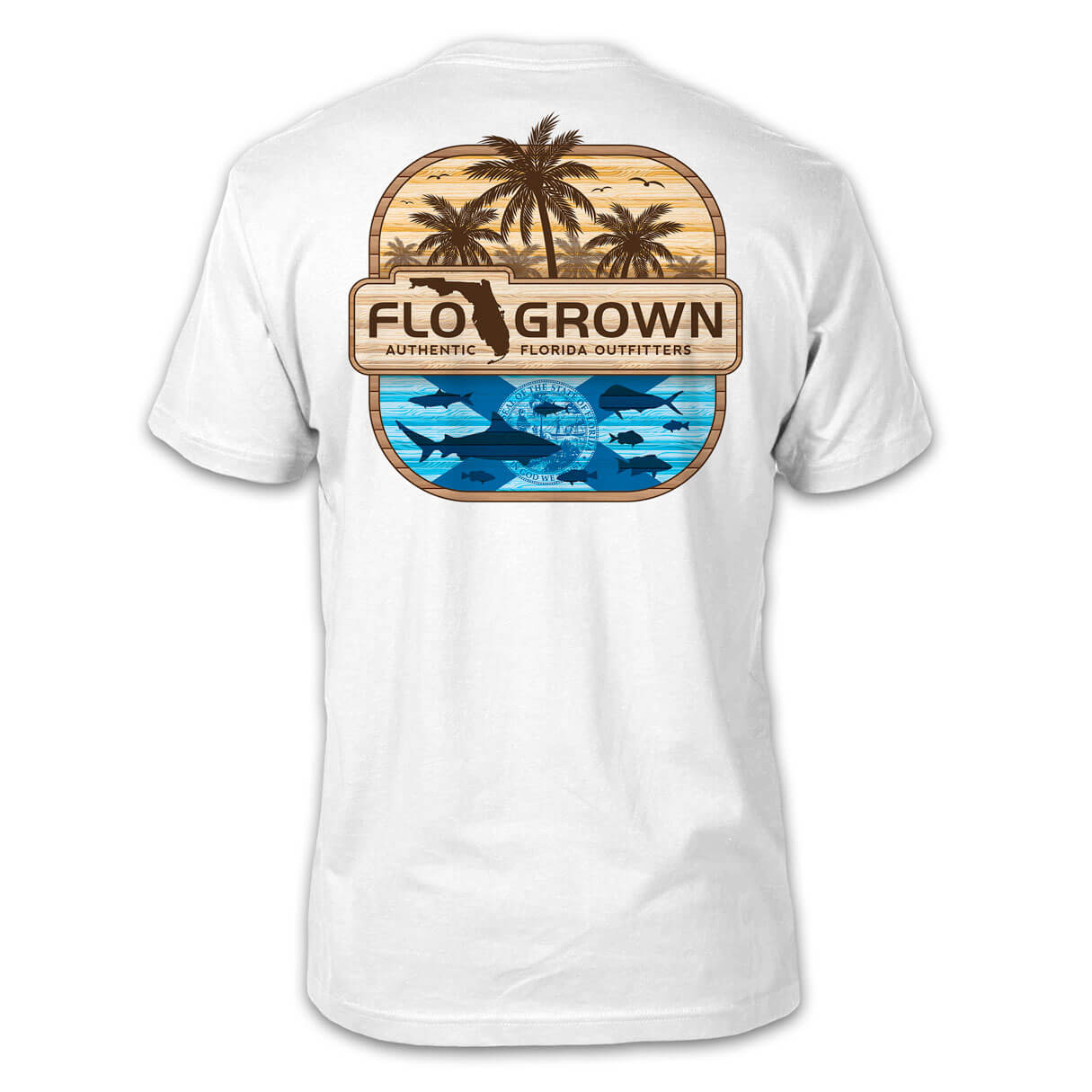 White mens tee with a square design of palm trees and under the ocean with multiple fish and a wood sign with the FloGrown logo.