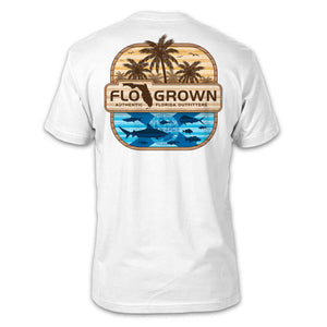 White mens tee with a square design of palm trees and under the ocean with multiple fish and a wood sign with the FloGrown logo.