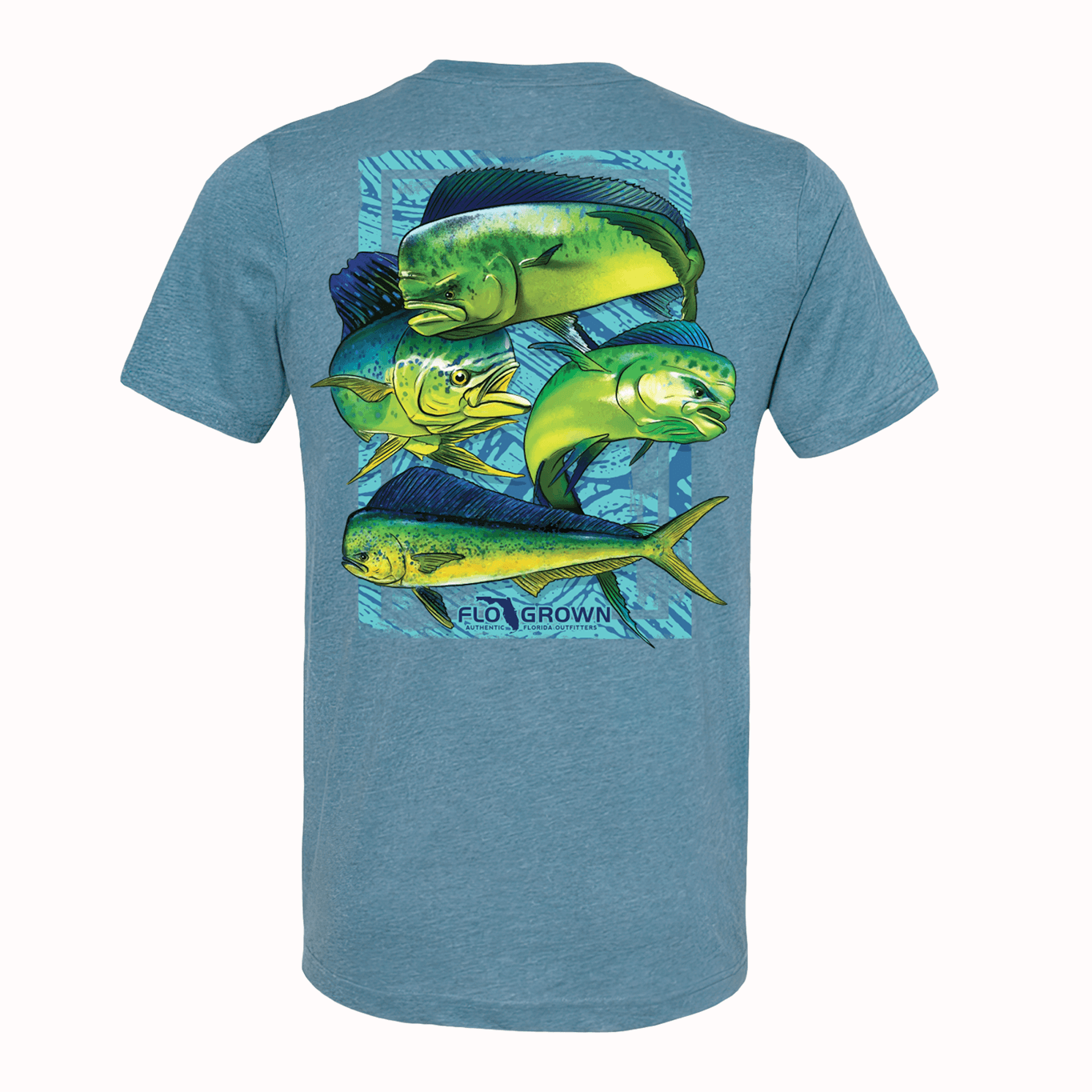 Blue t-shirt with multiple mahi swimming on the back.