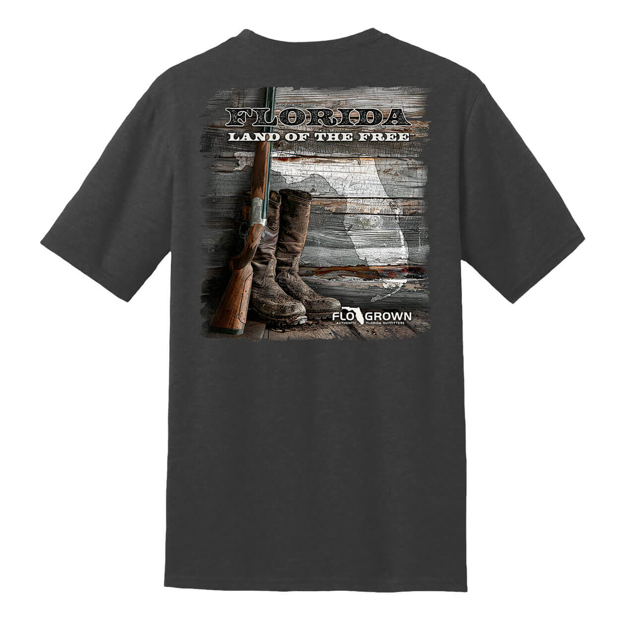 Gray t-shirt with a graphic of boots, rifle, and 'Florida Land of the Free' text on the back.