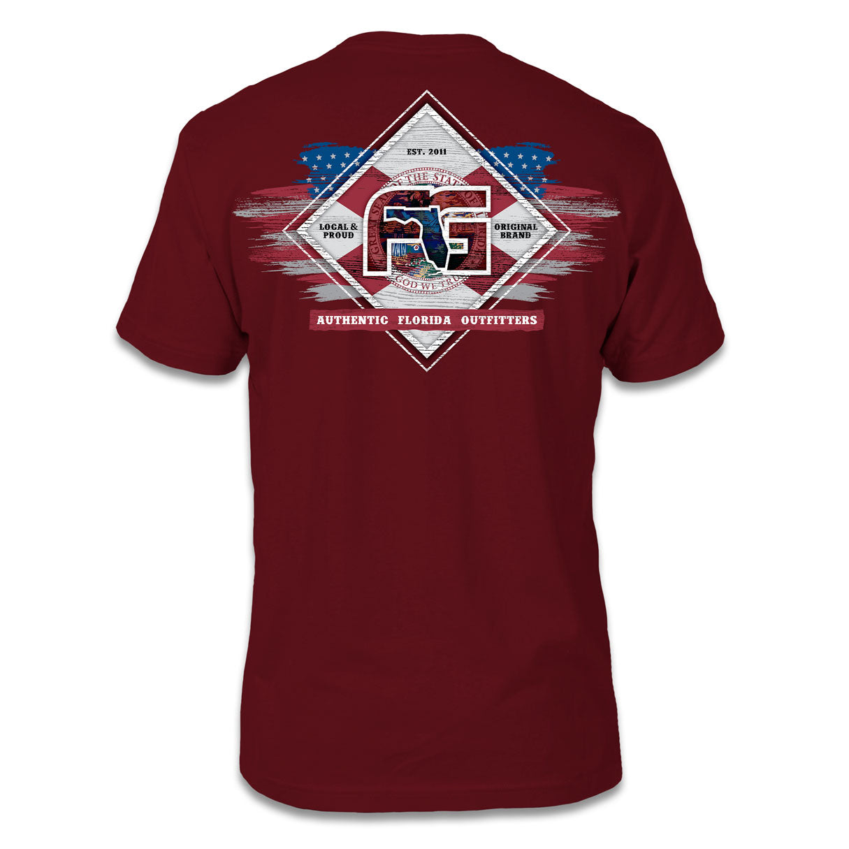 Maroon t-shirt with a graphic design on the back featuring a diamond crest with the Florida flag and vintage American flag behind it.