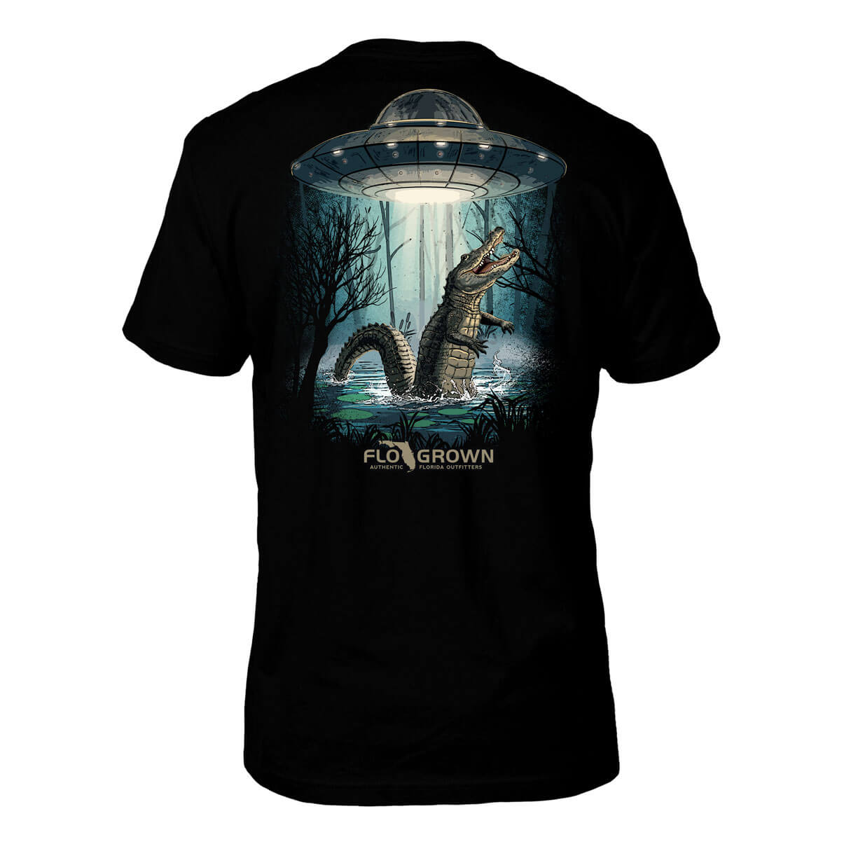 Black t-shirt with a graphic of an alligator being abducted by a UFO, brand 'FLO GROWN' visible.