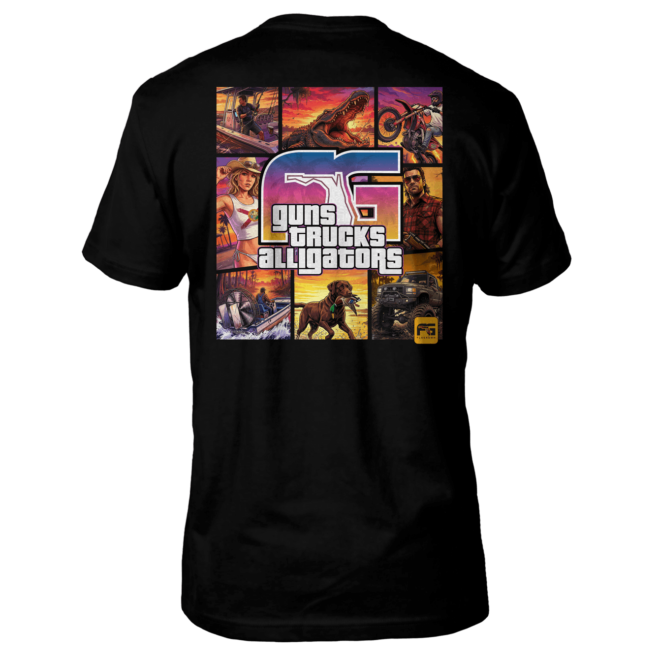 Black tee with a 9 panel graphic of different Florida-themed pictures with FG in the middle and the text 'guns trucks alligators'.