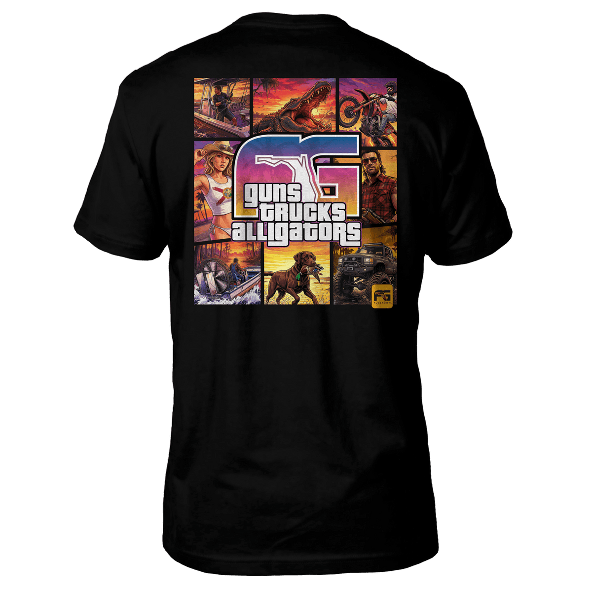 Black tee with a 9 panel graphic of different Florida-themed pictures with FG in the middle and the text 'guns trucks alligators'.