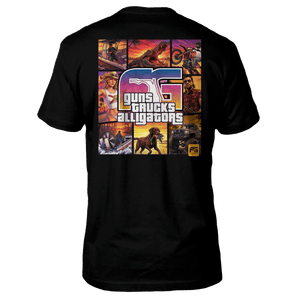 Black tee with a 9 panel graphic of different Florida-themed pictures with FG in the middle and the text 'guns trucks alligators'.