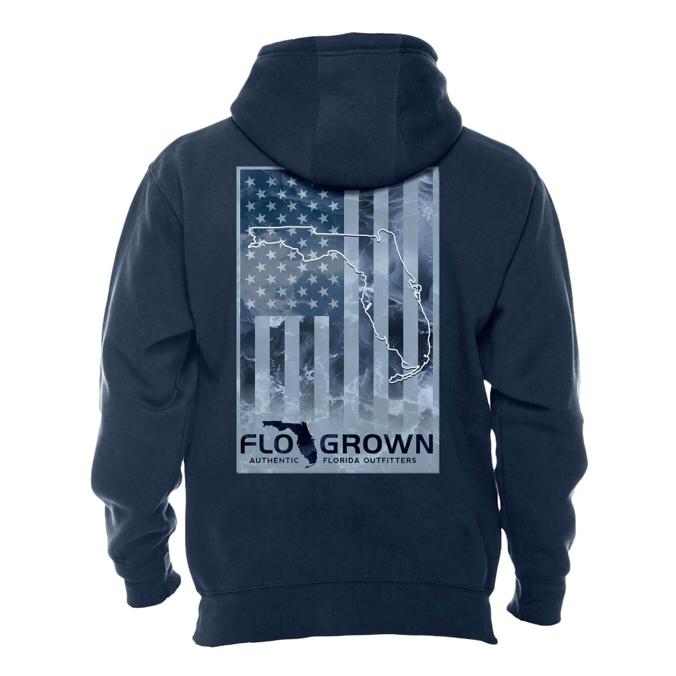 Navy hoodie with a vertical American flag in light blue with ocean design on the back.