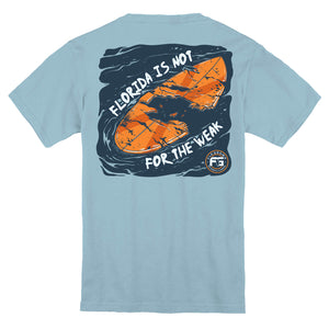 Light blue youth tee with a surfboard that has a bite taken out of it and text 'FLORIDA IS NOT FOR THE WEAK'.