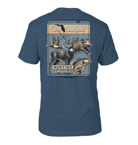 Navy blue tee with a road sign featuring the FloGrown logo and multiple hunting animals like deer, boar and fish.
