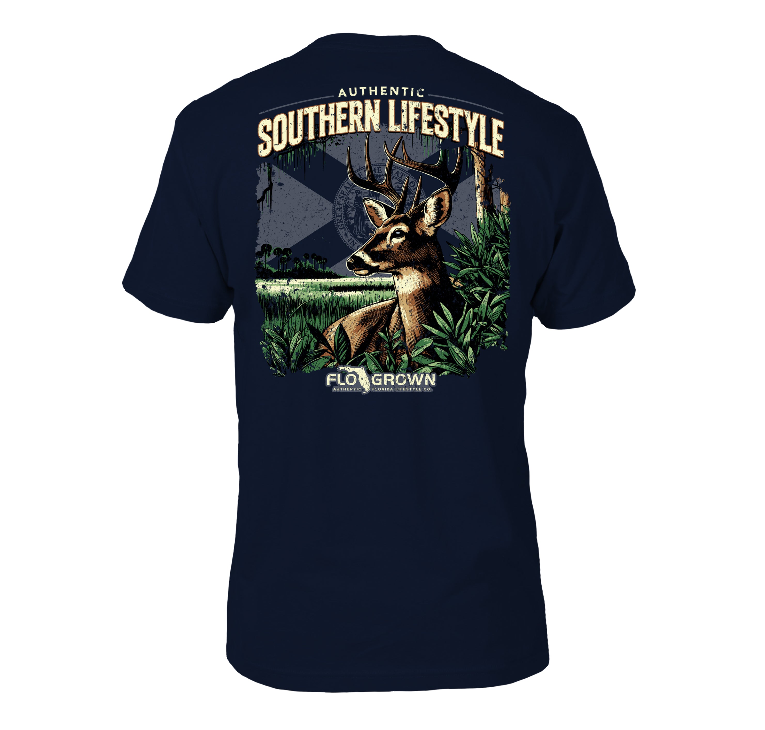 Navy blue tee with a graphic of a deer in the woods with a Florida flag in the background and text 'AUTHENTIC SOUTHERN LIFESTYLE' at the top.