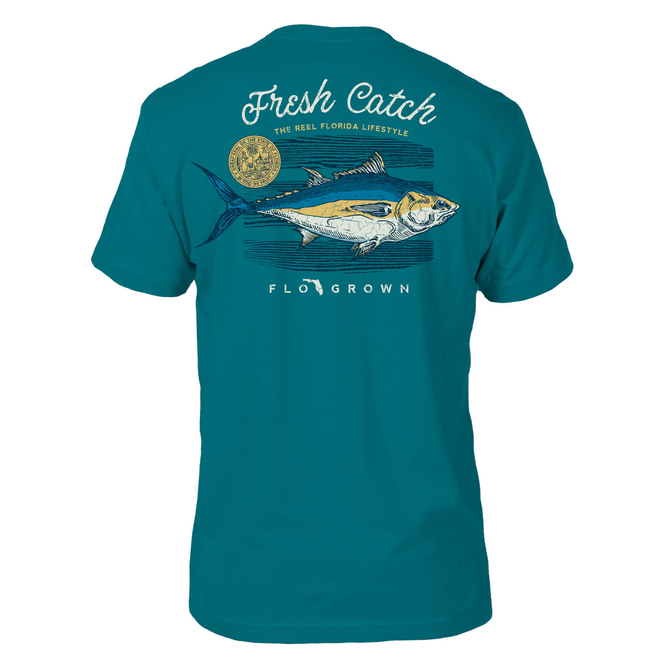 Blue shirt with a graphic of a fish on the back with text 'Fresh Catch' and 'The Reel Florida Lifestyle' at the top.