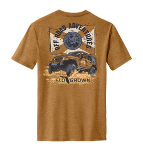 Gold tee with a graphic of a jeep in the mud and the text 'OFF ROAD ADVENTURES' over the Florida flag.