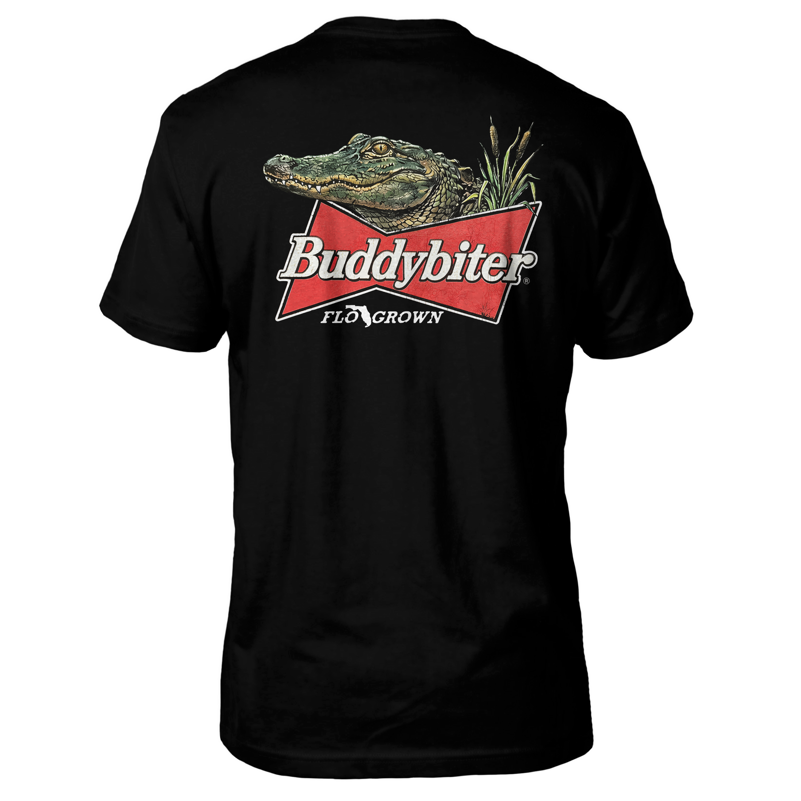 A black short-sleeve t-shirt shown from the back, featuring a large graphic print of an alligator head over a red bowtie-style banner with the text 'Budbiter' and 'FLO GROWN'.