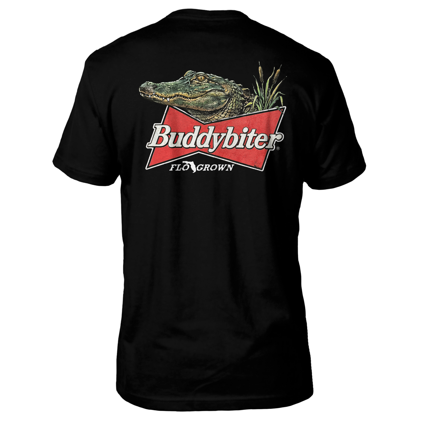 A black short-sleeve t-shirt shown from the back, featuring a large graphic print of an alligator head over a red bowtie-style banner with the text 'Budbiter' and 'FLO GROWN'.